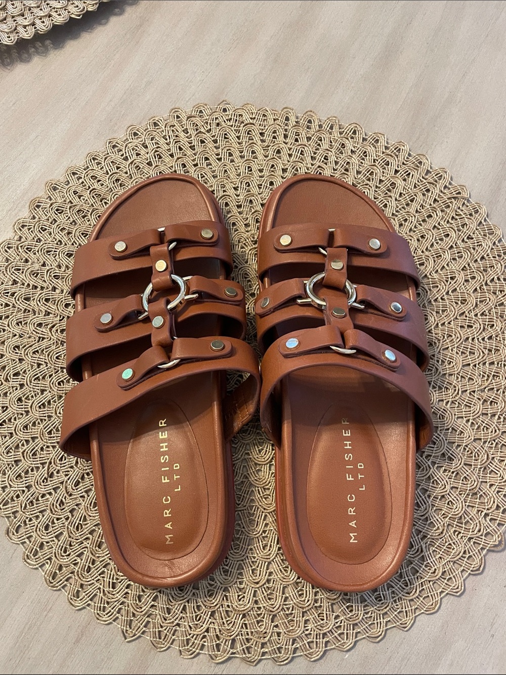 Marc Fisher Rust Brown Triple-Strap Slide Sandals